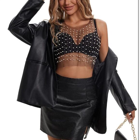 Boutique Tops - NWT Pearl Top for Women Rhinestone Top Mesh Sheer Shirt Sequin Top Black
